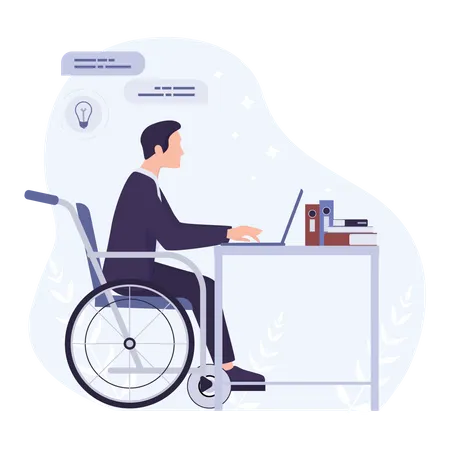 Homme handicapé assis en fauteuil roulant travaillant au bureau  Illustration