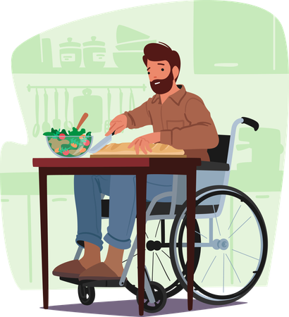 Homme handicapé en fauteuil roulant et coupant du pain dans la cuisine  Illustration