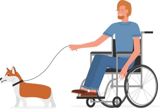 Homme handicapé faisant une promenade avec un chien  Illustration