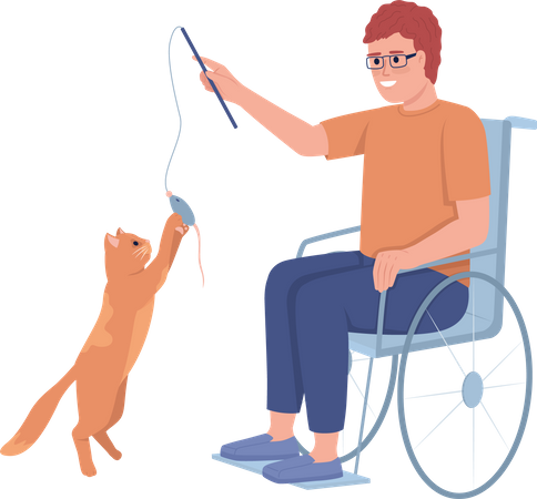 Homme handicapé jouant avec son chat  Illustration