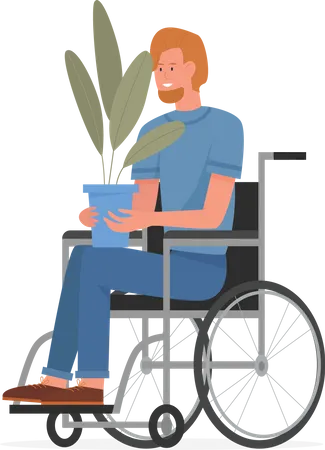 Homme handicapé tenant un pot de plante  Illustration