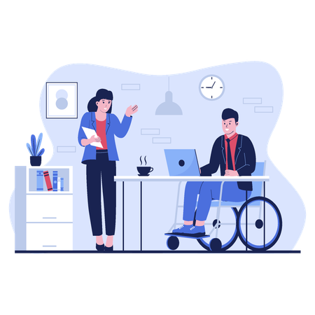 Homme handicapé travaillant au bureau en fauteuil roulant  Illustration