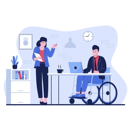 Homme handicapé travaillant au bureau en fauteuil roulant  Illustration