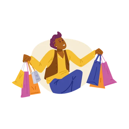 Homme heureux acheteur ou accro au shopping dansant avec des sacs de courses dans les mains  Illustration