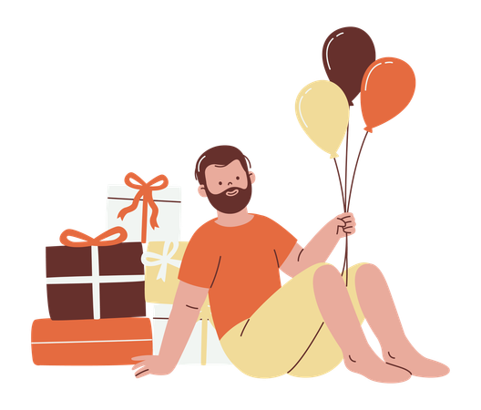 Homme heureux avec des ballons et des cadeaux  Illustration