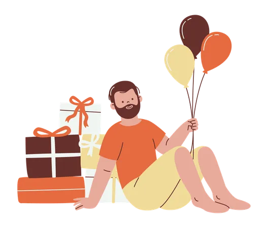 Homme heureux avec des ballons et des cadeaux  Illustration