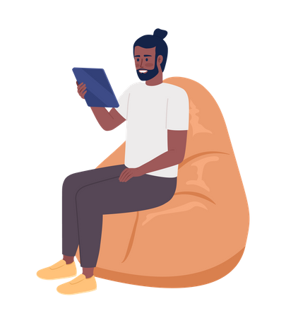 Homme heureux avec tablette assis sur une chaise pouf  Illustration