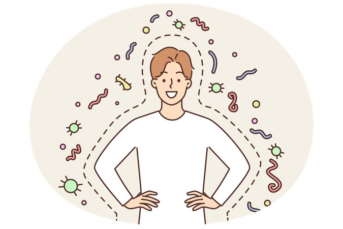Homme heureux avec une bonne immunité souriant et tenant les mains sur la ceinture debout parmi les bactéries et les parasites  Illustration