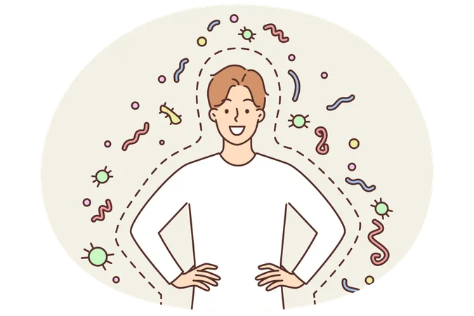 Homme heureux avec une bonne immunité souriant et tenant les mains sur la ceinture debout parmi les bactéries et les parasites  Illustration