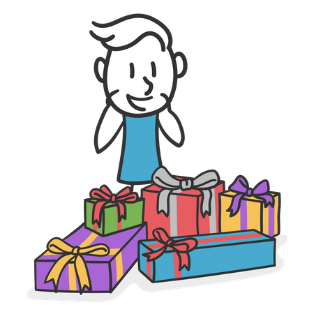 Homme heureux entouré de cadeaux  Illustration