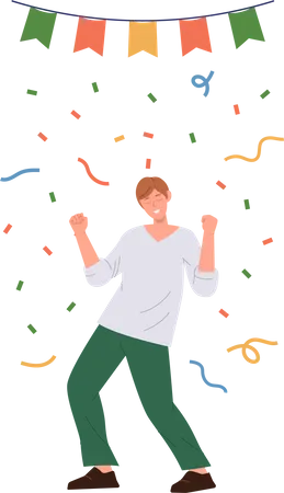 Homme heureux gesticulant oui célébrant le succès debout sous une pluie de confettis  Illustration
