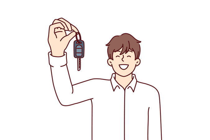 Homme heureux exhibant ses clés de voiture après avoir obtenu un prêt ou un crédit-bail pour acheter une nouvelle voiture à un prix avantageux  Illustration