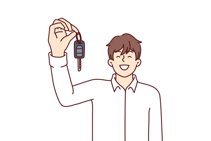 Homme heureux exhibant ses clés de voiture après avoir obtenu un prêt ou un crédit-bail pour acheter une nouvelle voiture à un prix avantageux  Illustration