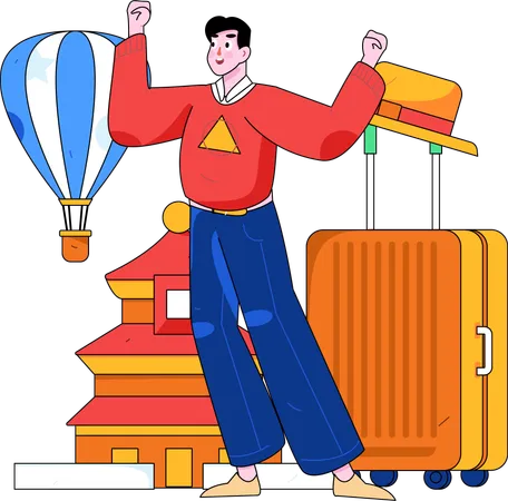 Homme heureux pour un voyage international  Illustration