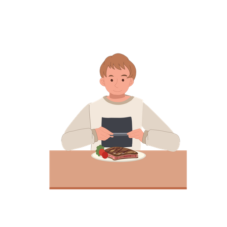 Homme heureux prenant une photo de nourriture  Illustration