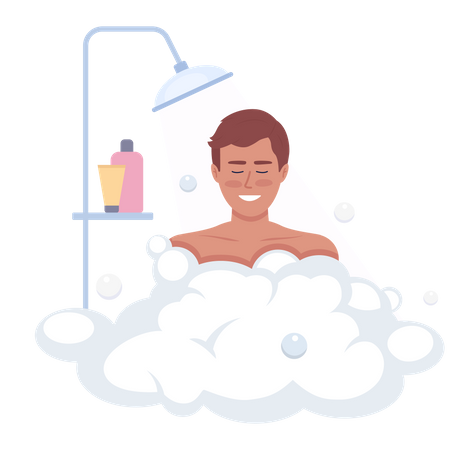 Homme heureux, profitant d'une douche avec de la mousse de savon  Illustration