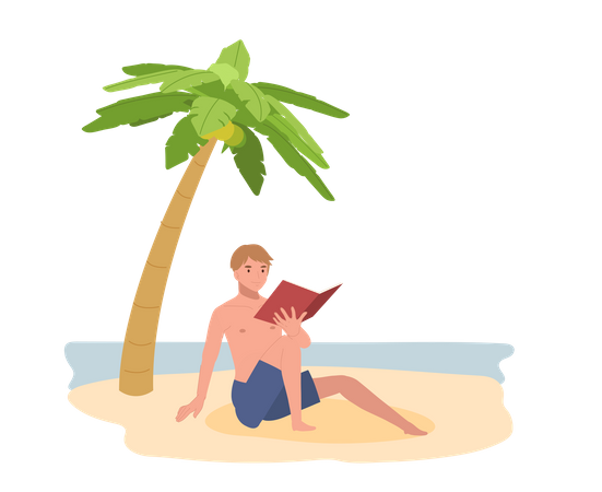 Homme heureux sur la plage en lisant un livre  Illustration