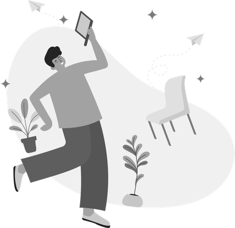 Homme heureux utilisant un ordinateur portable  Illustration