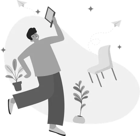 Homme heureux utilisant un ordinateur portable  Illustration