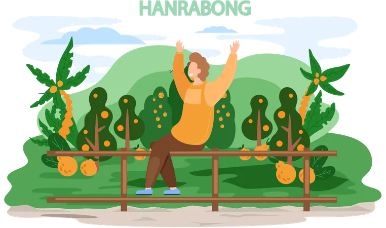 Heureux voyageur masculin sur l'île de Jeju près du jardin de mandarines et d'orangers Hanrabong  Illustration