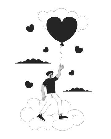 Homme hispanique volant avec un ballon au-dessus des nuages  Illustration