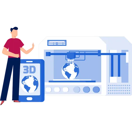 Un homme imprime un globe avec une imprimante 3D  Illustration