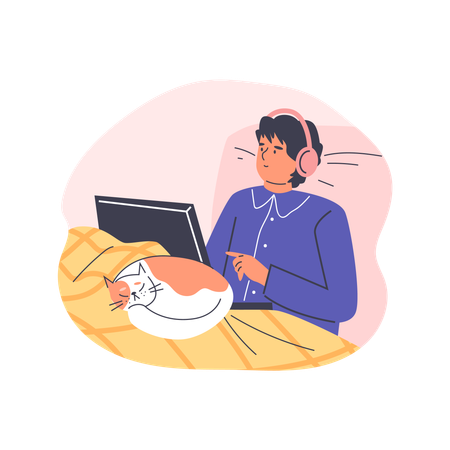 Homme indépendant travaillant détendu sur un ordinateur portable allongé sur un lit sous une couverture avec un chat  Illustration