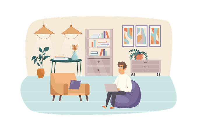 Homme indépendant travaillant sur un ordinateur portable, assis dans une chaise de sac au bureau à domicile  Illustration