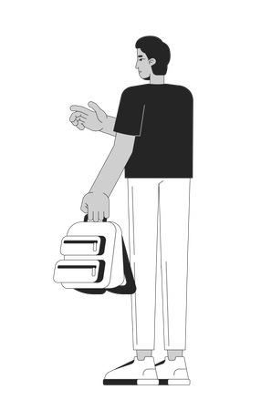 Homme indien tourné vers l'arrière tenant un sac à dos et pointant vers l'avant  Illustration