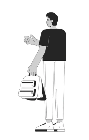 Homme indien tourné vers l'arrière tenant un sac à dos et pointant vers l'avant  Illustration