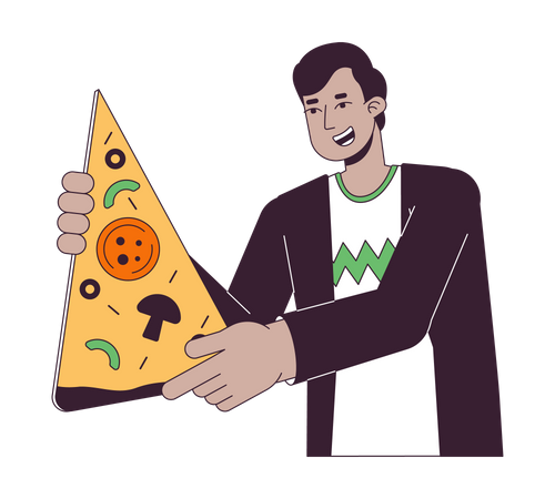 Homme indien optimiste avec une grosse tranche de pizza  Illustration