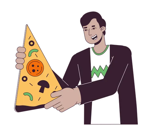 Homme indien optimiste avec une grosse tranche de pizza  Illustration