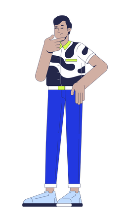 Homme indien pensif en chemise abstraite audacieuse se frottant le menton  Illustration