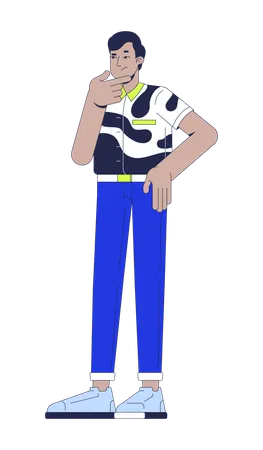 Homme indien pensif en chemise abstraite audacieuse se frottant le menton  Illustration