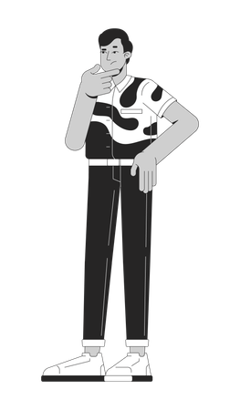Homme indien pensif en chemise abstraite audacieuse se frottant le menton  Illustration