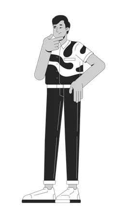 Homme indien pensif en chemise abstraite audacieuse se frottant le menton  Illustration