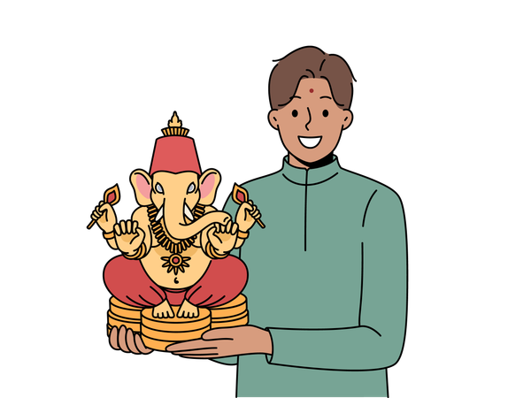 Homme indien tenant la figurine du Seigneur Ganesha et sourit démontrant une amulette qui porte chance  Illustration