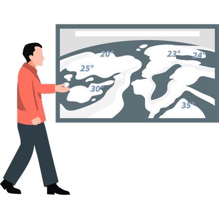 Homme indiquant la température de différentes zones sur la carte  Illustration