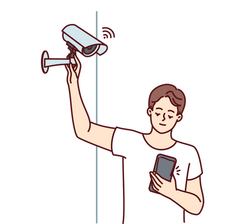 L'homme installe une caméra WIFI et surveille les résultats par téléphone  Illustration