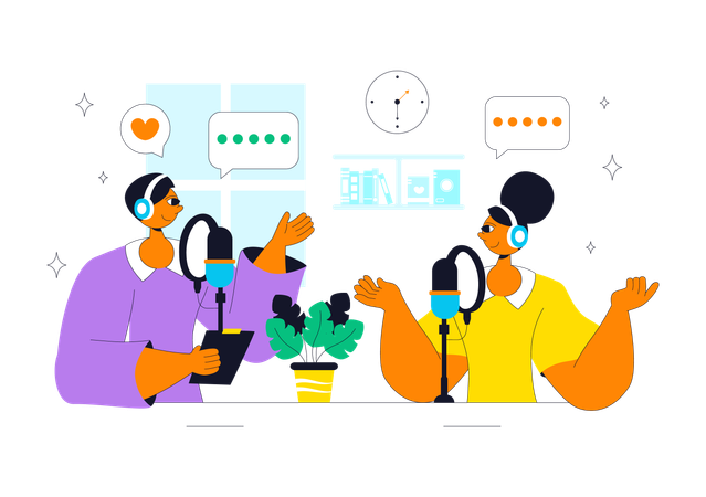 Un homme interviewe une femme dans un studio de podcast  Illustration