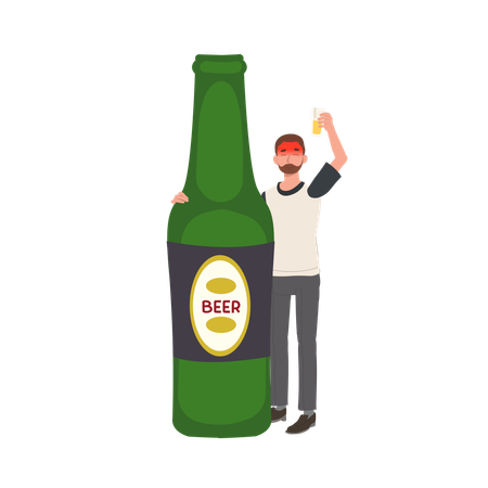 Homme ivre avec un verre de bière et une grosse bouteille de bière Ivrogne  Illustration