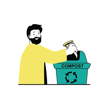 Homme jetant des déchets dans un bac à compost  Illustration