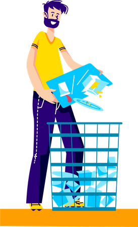 Homme jetant un plateau de nourriture vide dans une poubelle  Illustration