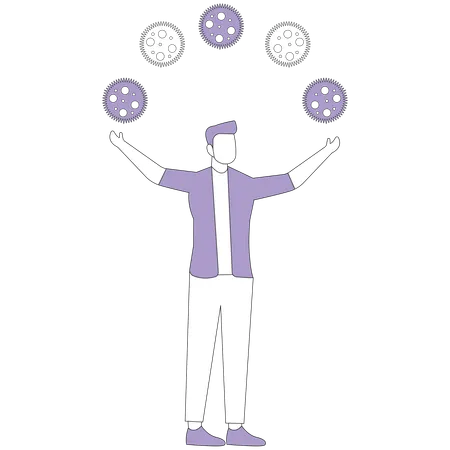 Un homme jongle avec des engrenages  Illustration