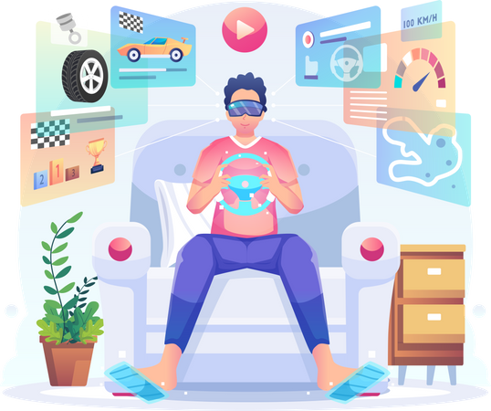 Homme jouant à un jeu de course VR  Illustration