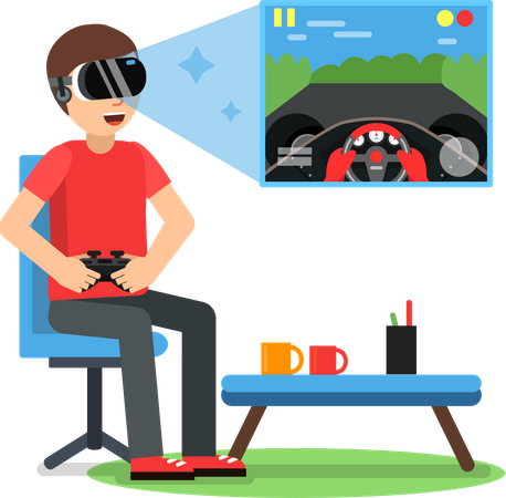 Homme jouant à un jeu de course VR  Illustration