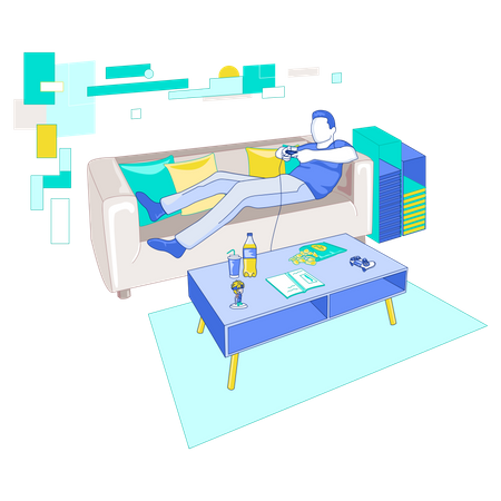 Homme jouant à un jeu en dormant sur un canapé  Illustration