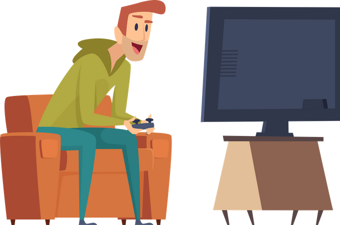Homme jouant à un jeu vidéo à la télévision  Illustration