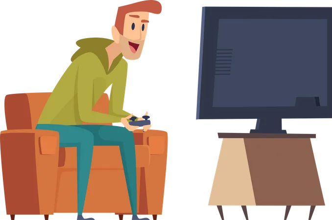 Homme jouant à un jeu vidéo à la télévision  Illustration