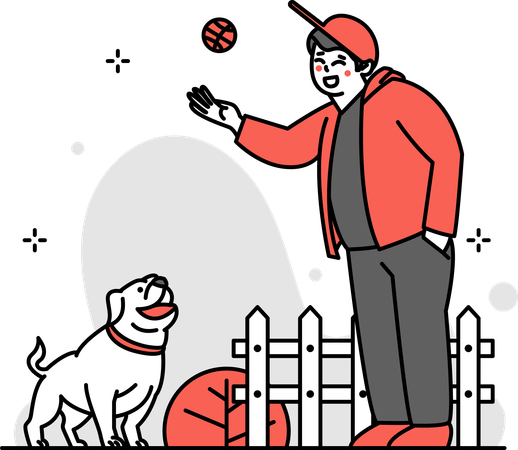 Homme jouant au ballon avec un chien  Illustration